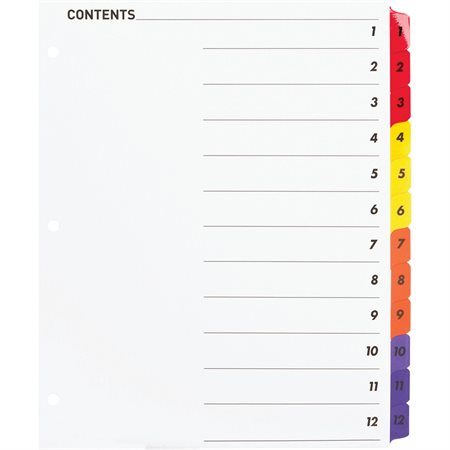 Printable Tab Dividers 12 Tabs 1-12 assorted colours. 1 set