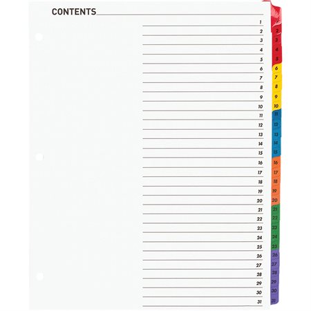 Printable Tab Dividers 31 Tabs 1-31 assorted colours. 1 set