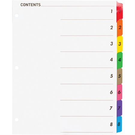 Printable Tab Dividers 8 Tabs 1-8 assorted colours. 1 set