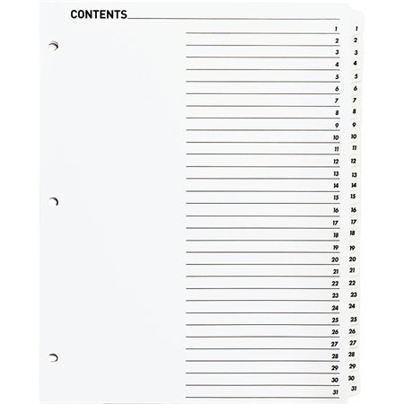 Printable Tab Dividers 31 Tabs 1-31 white. 1 set