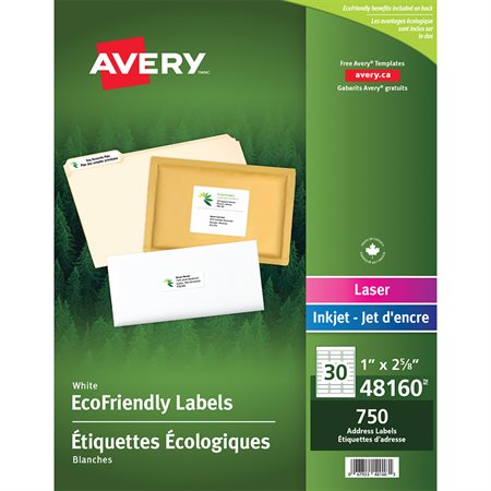 Étiquettes d'adresse blanches Écologiques Paquet de 25 feuilles 2-5 / 8 x  1 (750)