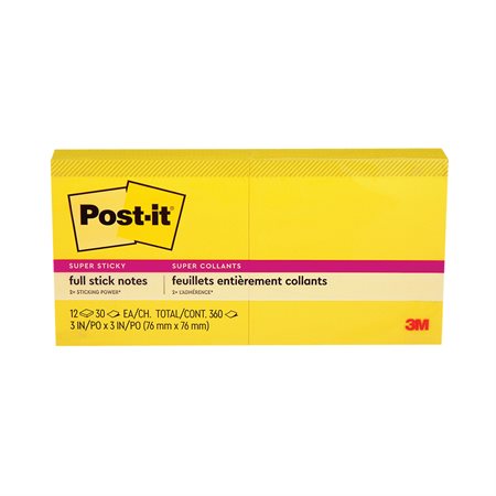 Feuillets entièrement collants Post-it® Super Sticky 3 x 3 po. jaune - paquet de 12