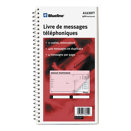 Livre de messages téléphoniques 400 messages. 11 x 5-11 / 16”. français