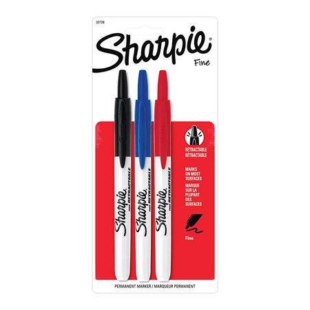 Retractable Permanent Marker Fine. Package of 3 assorted colours