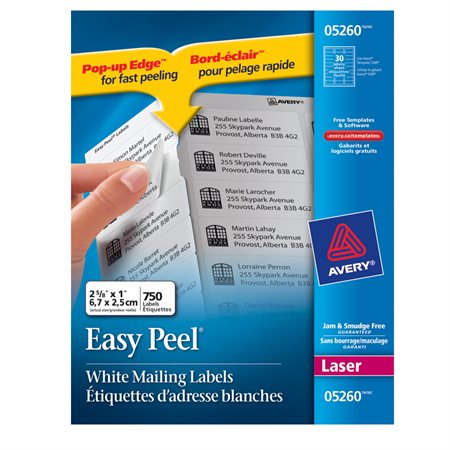 Étiquettes rectangulaires blanches Easy Peel® Paquet de 25 feuilles 2-5 / 8 x 1” (750)