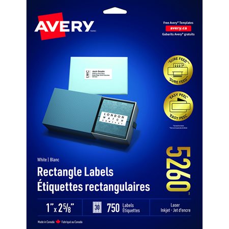 Étiquettes rectangulaires blanches Easy Peel® Paquet de 25 feuilles 2-5 / 8 x 1” (750)