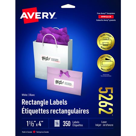 Étiquettes rectangulaires blanches Easy Peel® Paquet de 25 feuilles 4 x 1-1 / 3" (350)