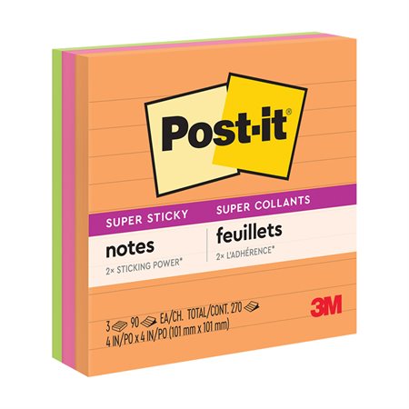 Post-it® Super Sticky Notes - Energy Boost Collection 4 x 4 in., lined 90-sheet pad (pkg 3)