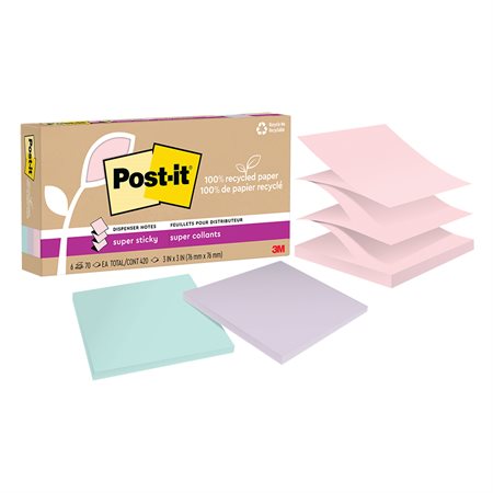Post-it® Super Sticky Recycled Notes - Wanderlust Pastels 3 x 3 in. Pop-Up. package of 6, 70-sheet pad